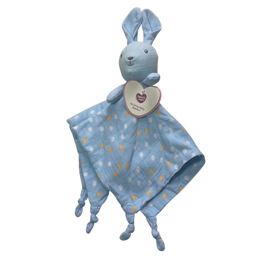 NEW Parents Choice Bunny Lovey 13" Security Blanket Blue Yellow White Dots Knots